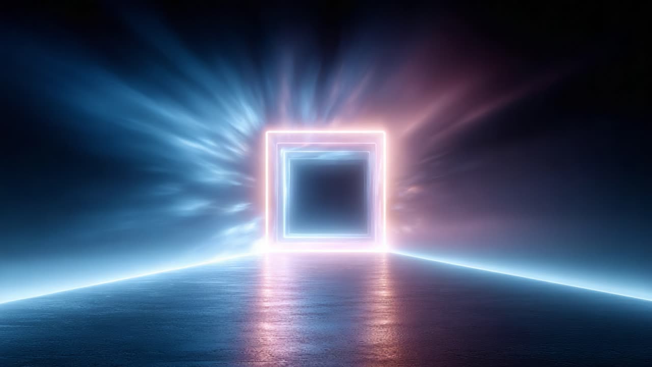 A Stunning Visual Portal: A Sci-Fi Inspired Glowing Square Frame with Dynamic Light Rays Illuminating a Mystical Space