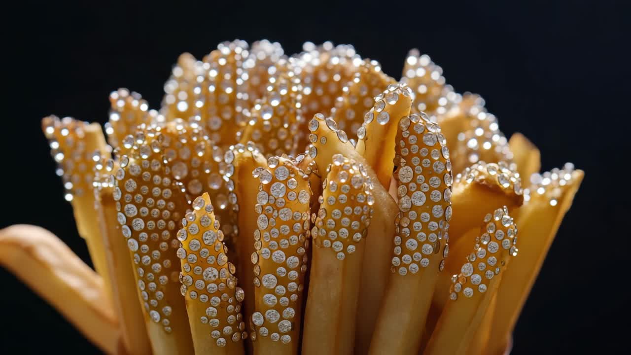 Luxurious french fries encrusted with sparkling diamonds, creating extravagant visual contrast against deep black background, symbolizing opulent culinary artistry