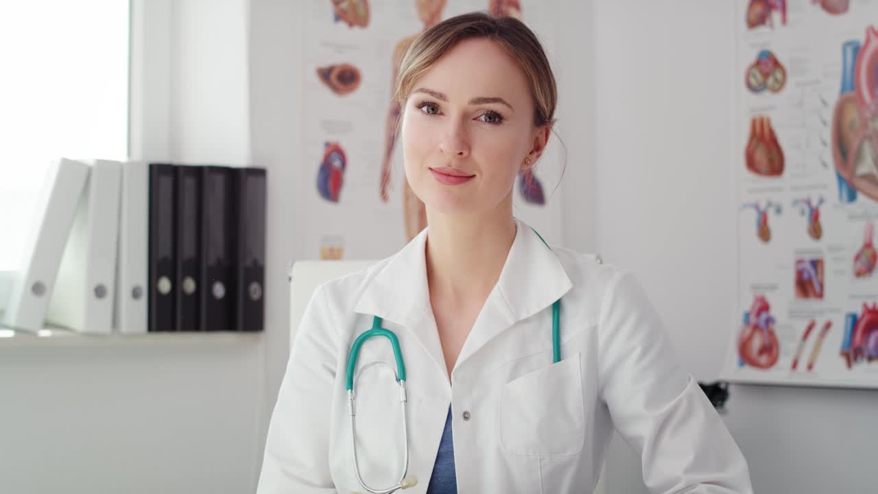 Video grabado con cámara en mano de una doctora sentada en su consultorio.