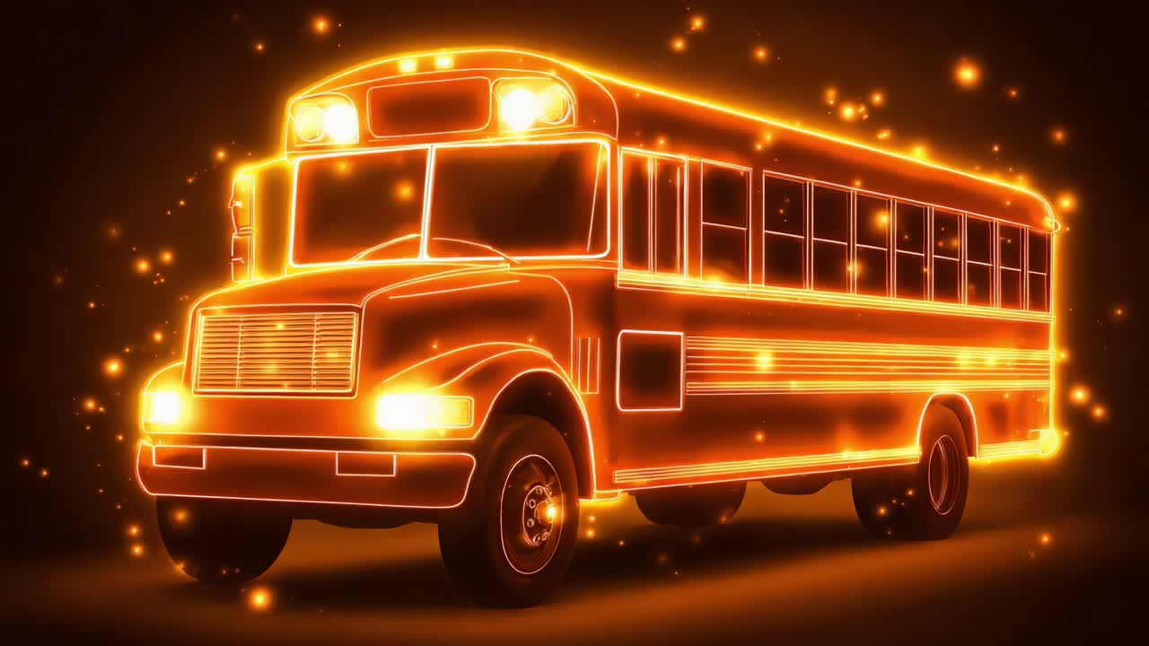 An Electrifying School Bus: A Gripping Visualization of a Vibrant, Glowing Vehicle Radiating Warmth and Energy Against a Dark Background in a Captivating Animated Display