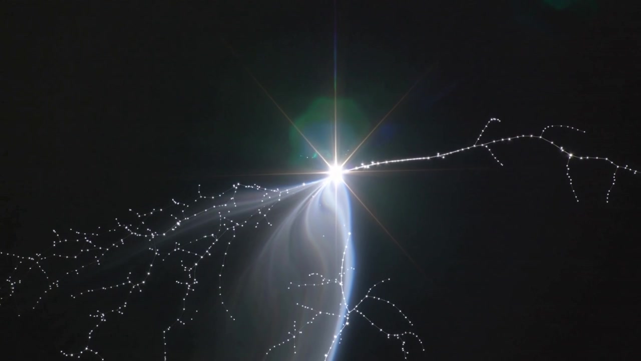 Aufflammender Stern bricht aus, dann dimmt er ab, bildet eine Wolke entlang des Planetenrandes im Weltraum, Punkte verschieben sich