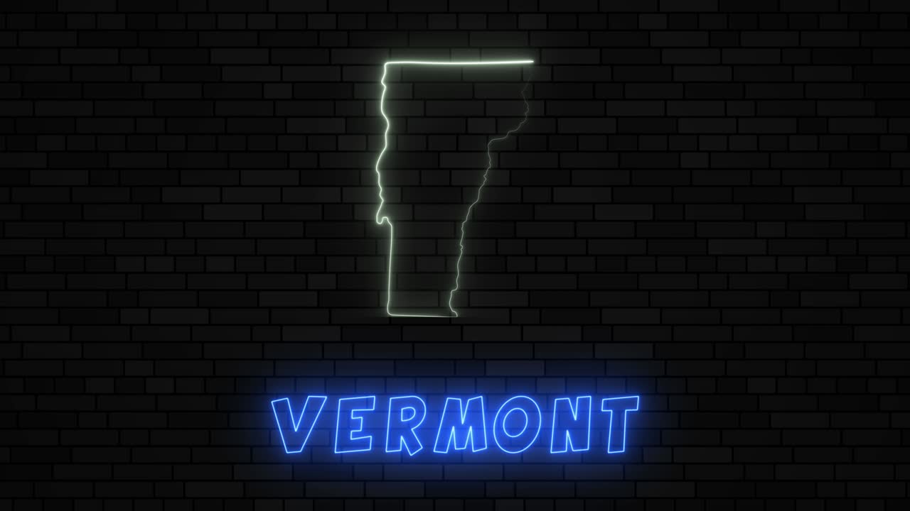 estado de vermont mapa silueta con línea de neón en un fondo de pared de ladrillo oscuro