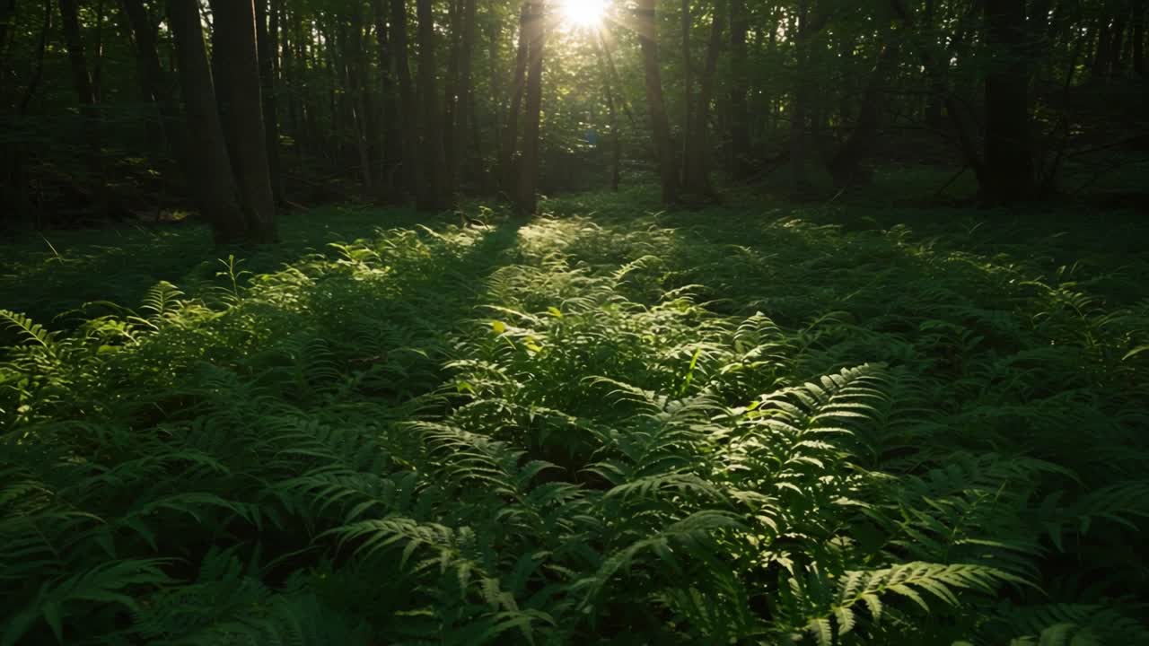 A Serene Forest Glade Awash in Golden Light: Illuminated Ferns and Gentle Shadows Create a Mystical Atmosphere in Nature's Green Canopy