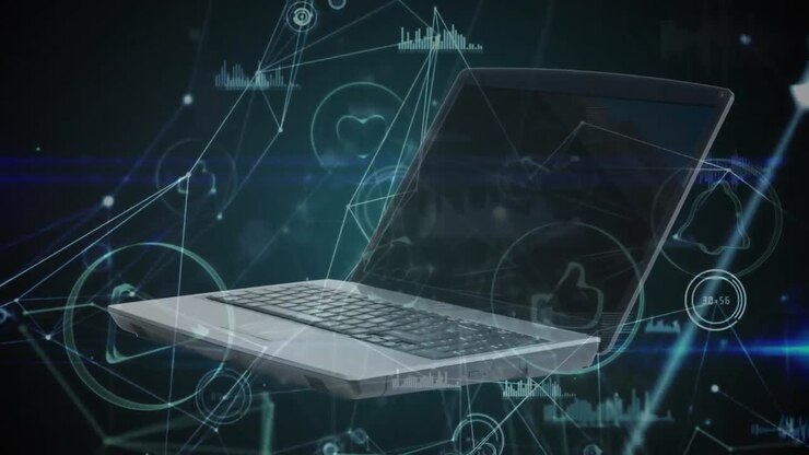 Animation of a laptop over a web of connections with data processing and statistics and social icons