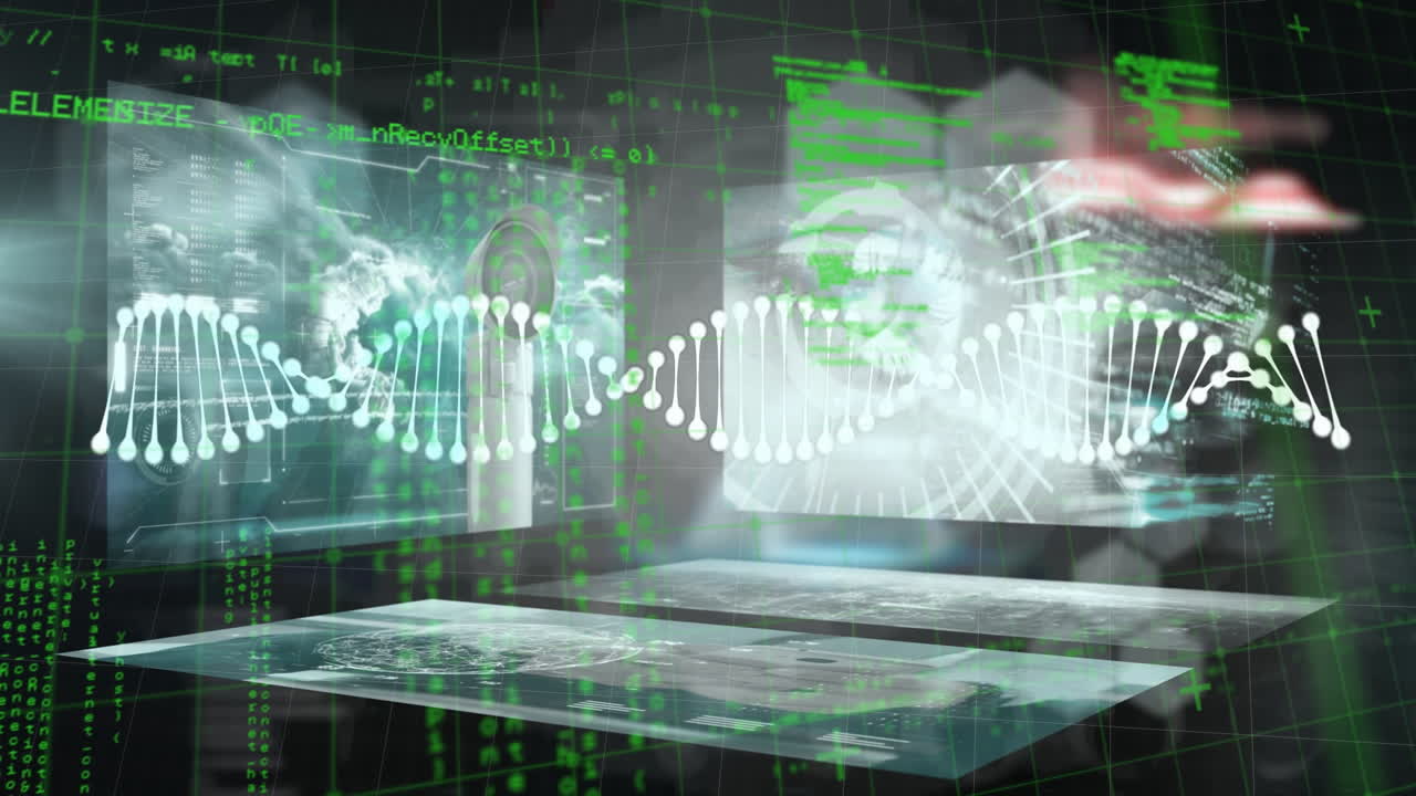 animación de estructuras de adn que giran sobre pantallas con procesamiento de datos contra un fondo negro
