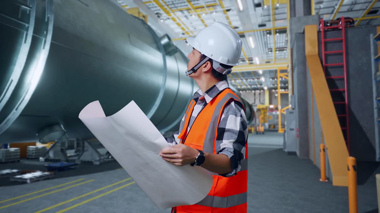 vista lateral de un ingeniero masculino asiático con casco de seguridad mirando el plano en sus manos y mirando a su alrededor mientras está de pie en una fábrica de fabricación de tubos