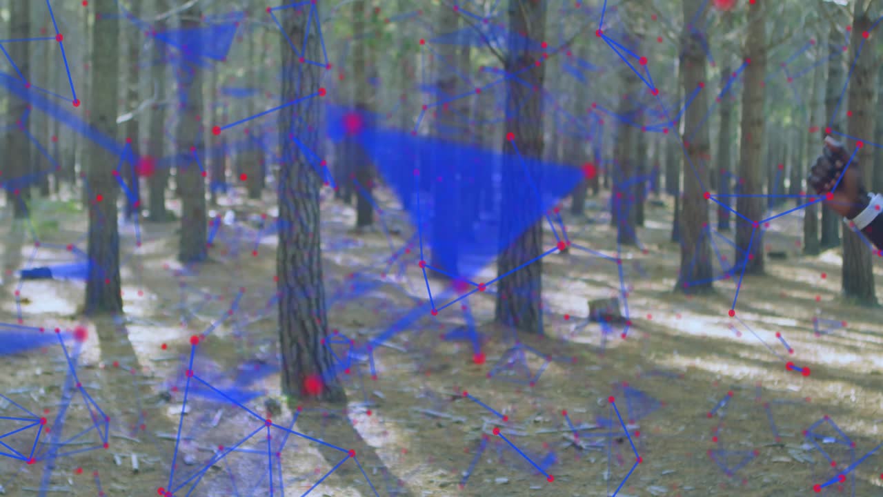 Static pine forest shifting into female runner jogging with phone and tracker for health data