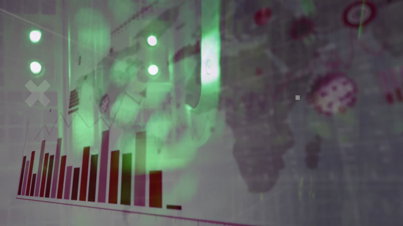 animación del procesamiento de datos y el registro de estadísticas sobre las luces verdes de los servidores informáticos