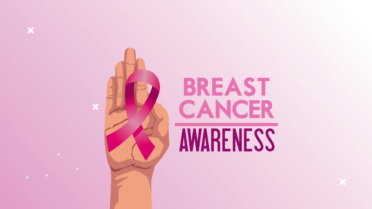 유방암 글자 애니메이션과 함께 손을 들어 올리는 리본