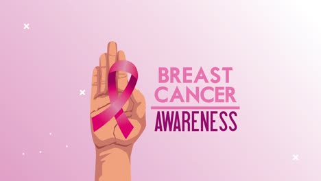 breast cancer lettering animation with hand up lifting ribbon