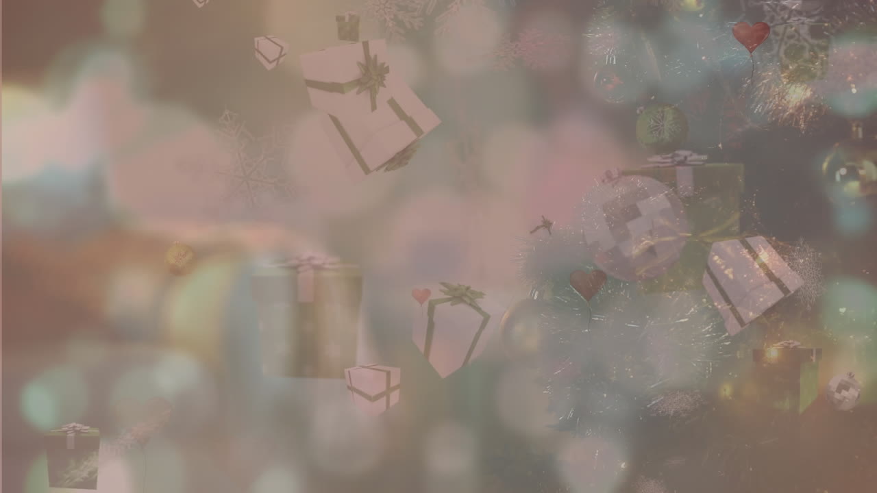 조명 위에 떨어지는 크리스마스 장식의 애니메이션