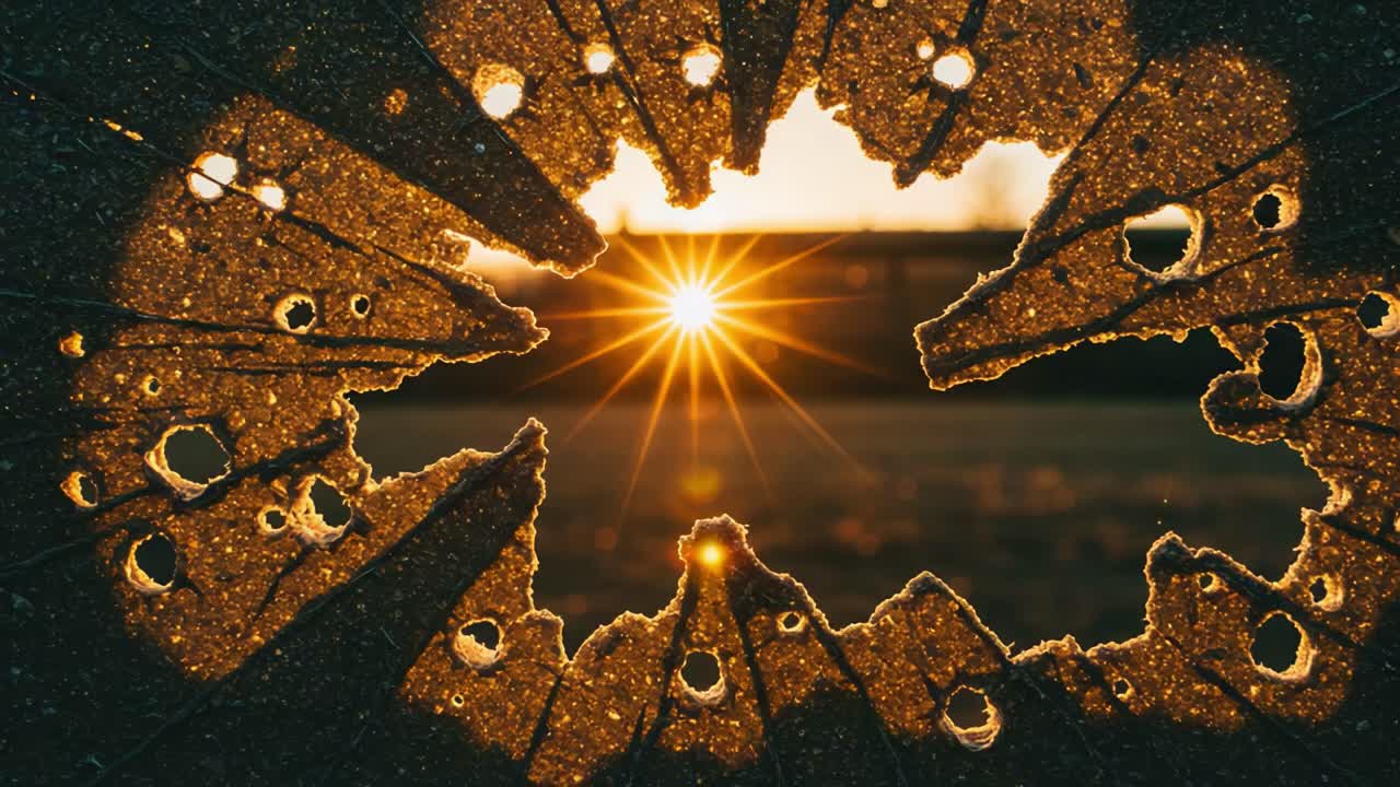 A stunning view of sunlight piercing through a textured, perforated surface, highlighting nature's beauty and the intricate details formed by light and shadow