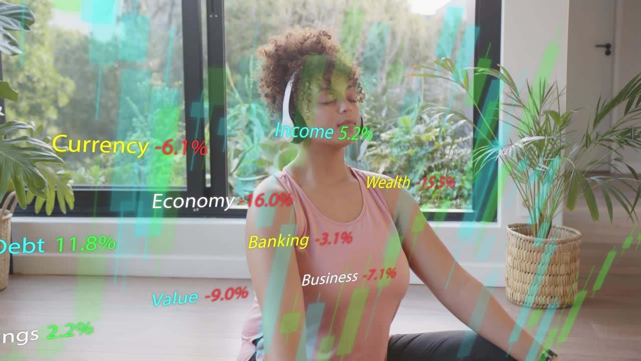 Adult woman tapping phone, placing headset, prepping for calm, finance charts rising as overlays