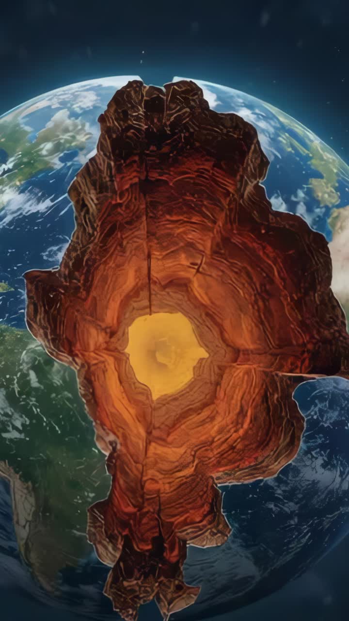 Vertical video: Fissure opening in Earth cross-section revealing glowing core in space, with crust