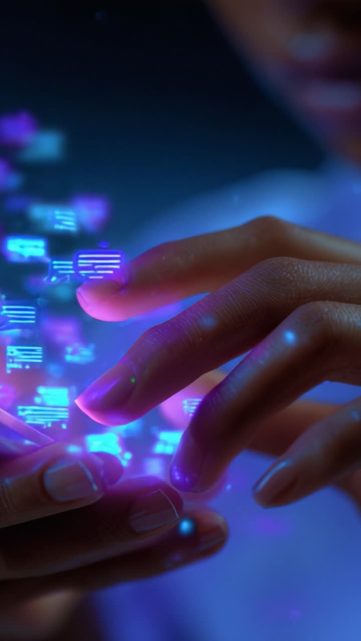 Um close-up das mãos de uma pessoa delicadamente interagindo com interfaces digitais vibrantes e brilhantes, simbolizando tecnologia, inovação e o futuro da comunicação.
