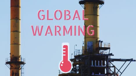 global warming text and thermometer icon against factory chimneys