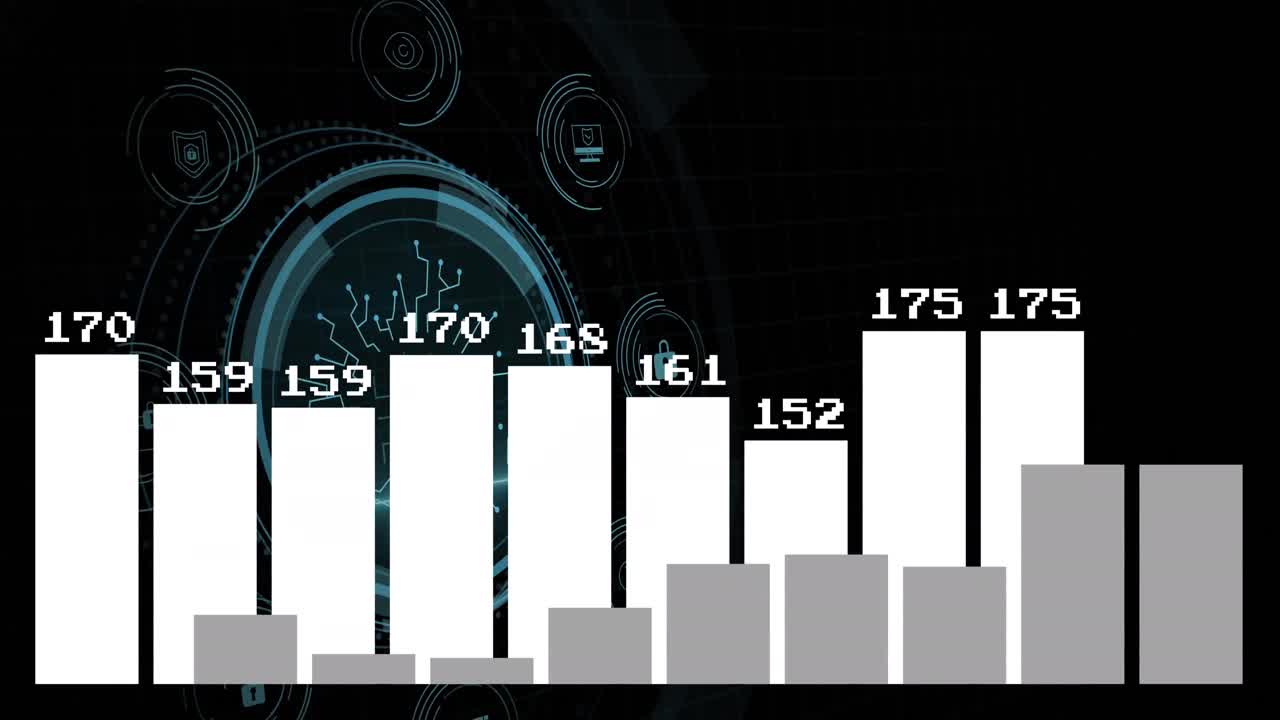 Animation of digital interface with data processing and graphs over black background