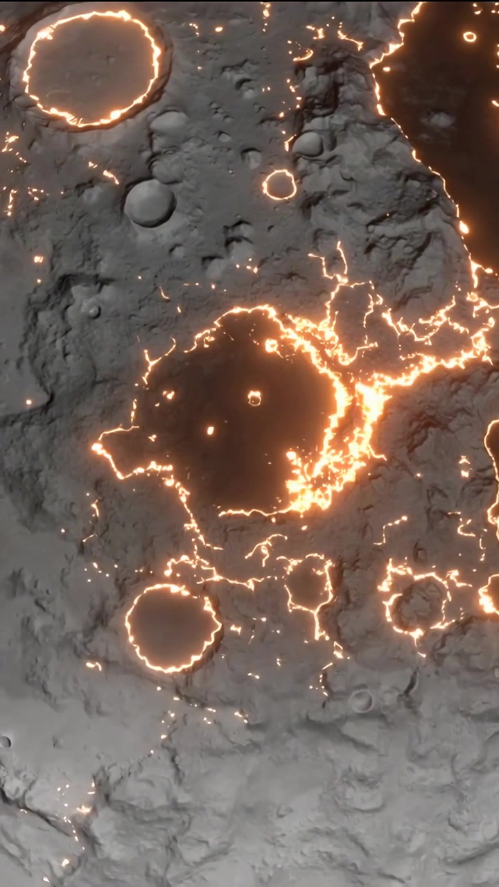 Video verticale: Superficie craterizzata incandescente che forma flussi fusi ramificati dal bordo con scintille sopra la testa
