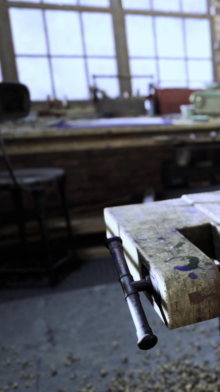 Workbench in a workshop with tools and materials on a busy table