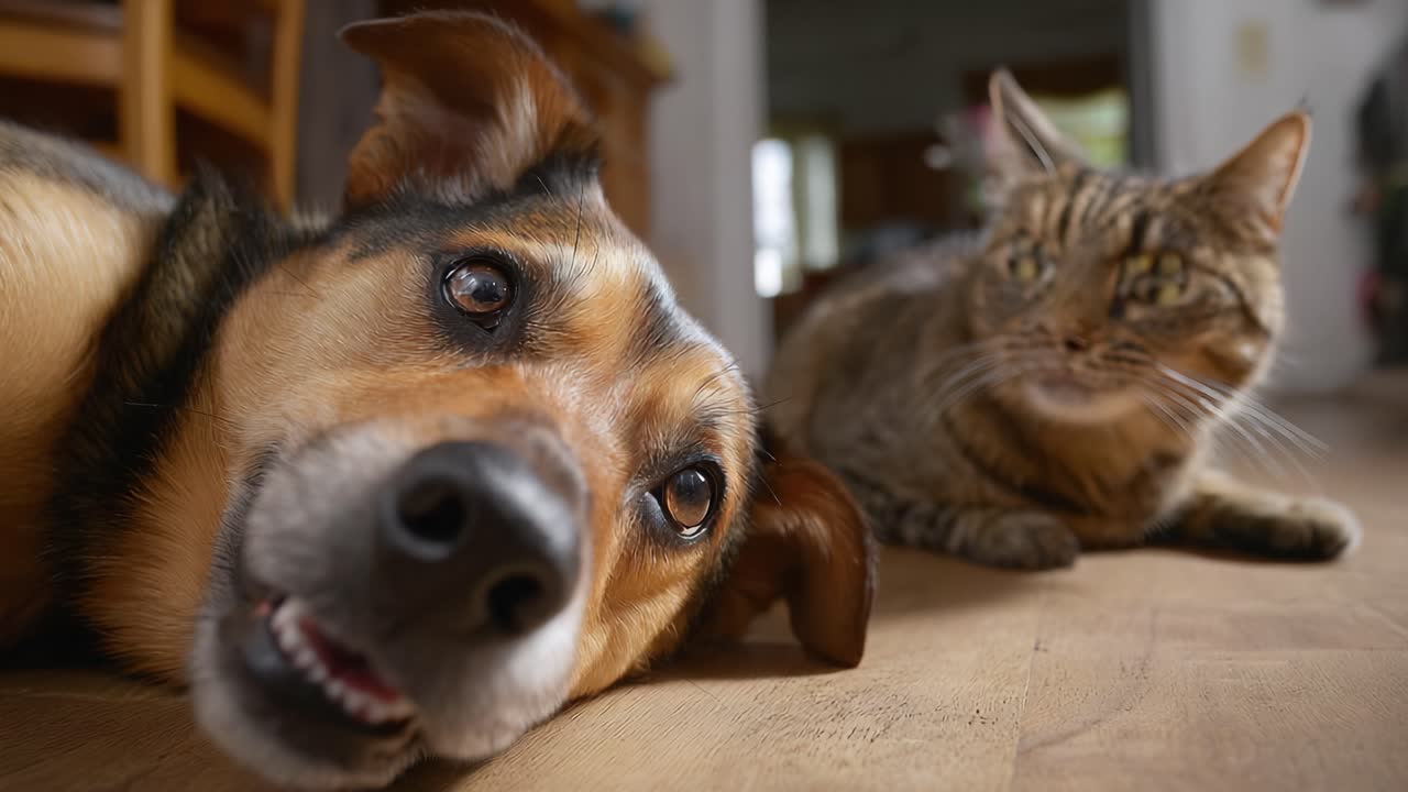 Un curioso duo formato da cane e gatto si rilassa a casa: un momento giocoso catturato tra due amati animali domestici in un ambiente interno accogliente