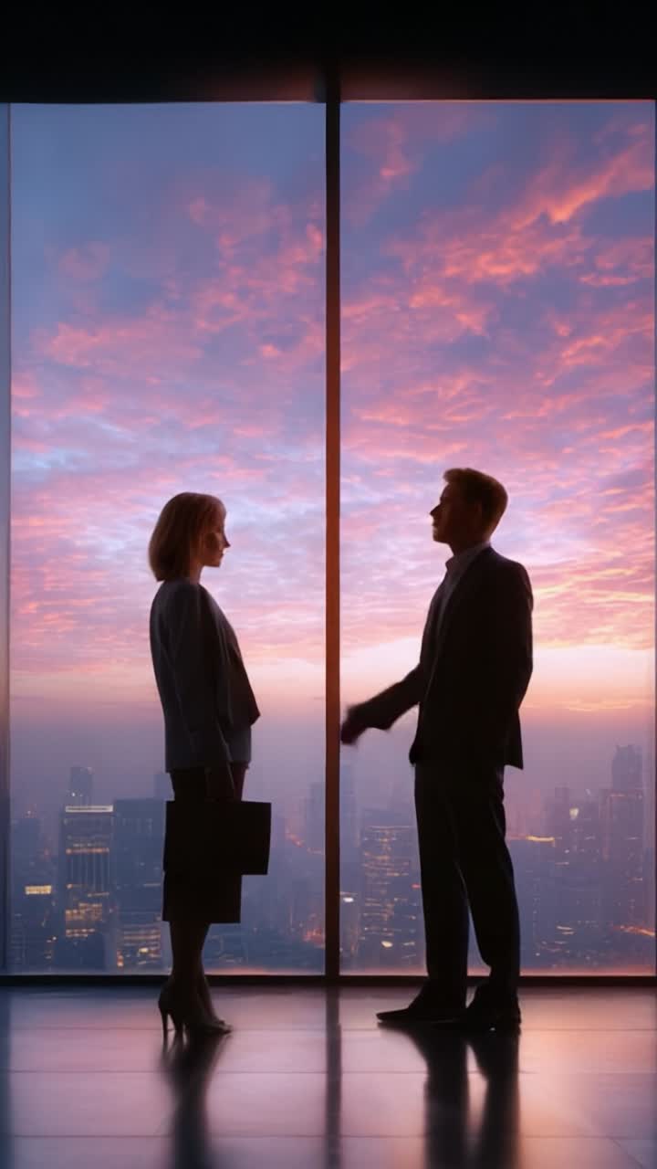 Un incontro di lavoro al crepuscolo: due professionisti impegnati in una discussione sullo sfondo di un meraviglioso tramonto sulla città, a simboleggiare opportunità e collaborazioni