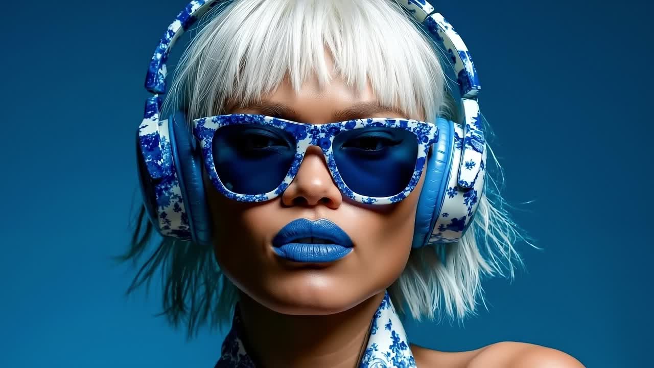 A woman wearing blue and white sunglasses and headphones