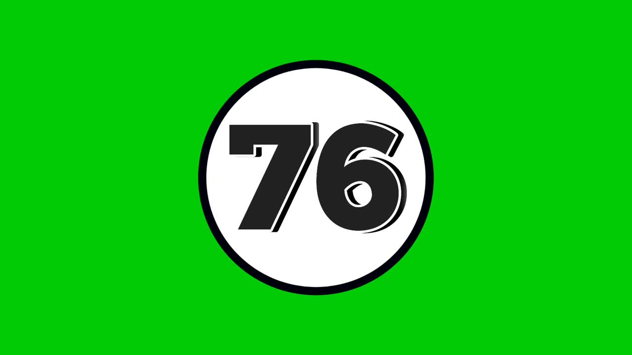 Number 76 symbol sign animation motion graphics cartoon black color on green screen background.numbers in white circle suitable for video elements