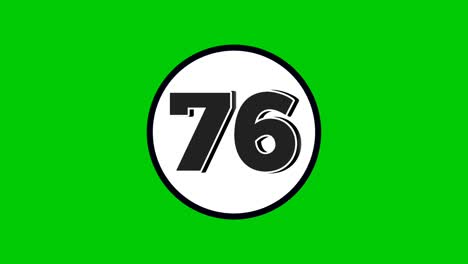 number 76 symbol sign animation motion graphics cartoon black color on green screen background.numbers in white circle suitable for video elements