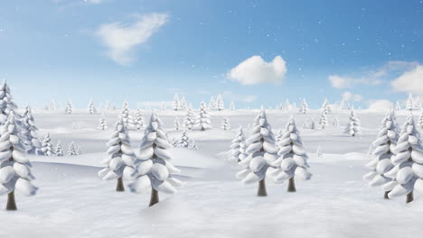 snow falling over multiple trees on winter landscape against clouds in the blue sky