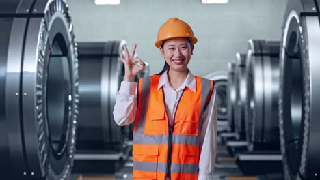 ingeniera asiática con casco de seguridad sonriendo y mostrando un gesto de acuerdo a la cámara mientras está de pie en una fábrica de metales
