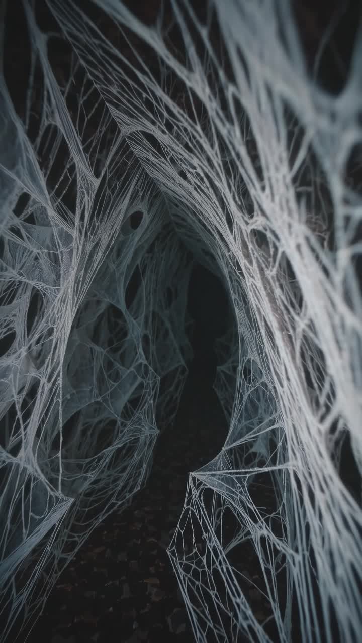 Spiderwebs forming a tunnel in a dark environment, creating a spooky and mysterious atmosphere, ideal for Halloween or any horror themed project