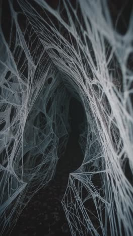 spiderwebs forming a tunnel in a dark environment, creating a spooky and mysterious atmosphere, ideal for halloween or any horror themed project