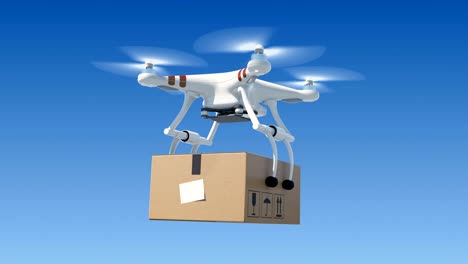 Quadcopter Delivering a Package in Blue Sky. Looped 3d Animation with Green Screen and Alpha Mask. Modern Delivery Concept.