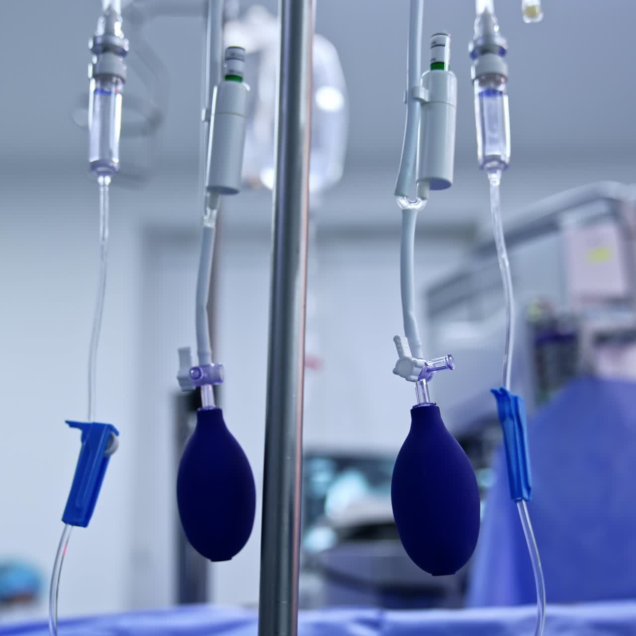 Modern drop-counting equipment in surgery room. Close up. Low angle view. Blurred backdrop
