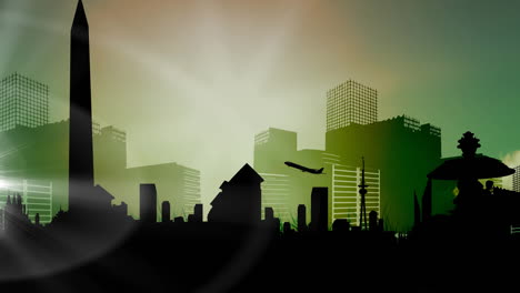 animation of plane taking off over silhouetted modern cityscape in green