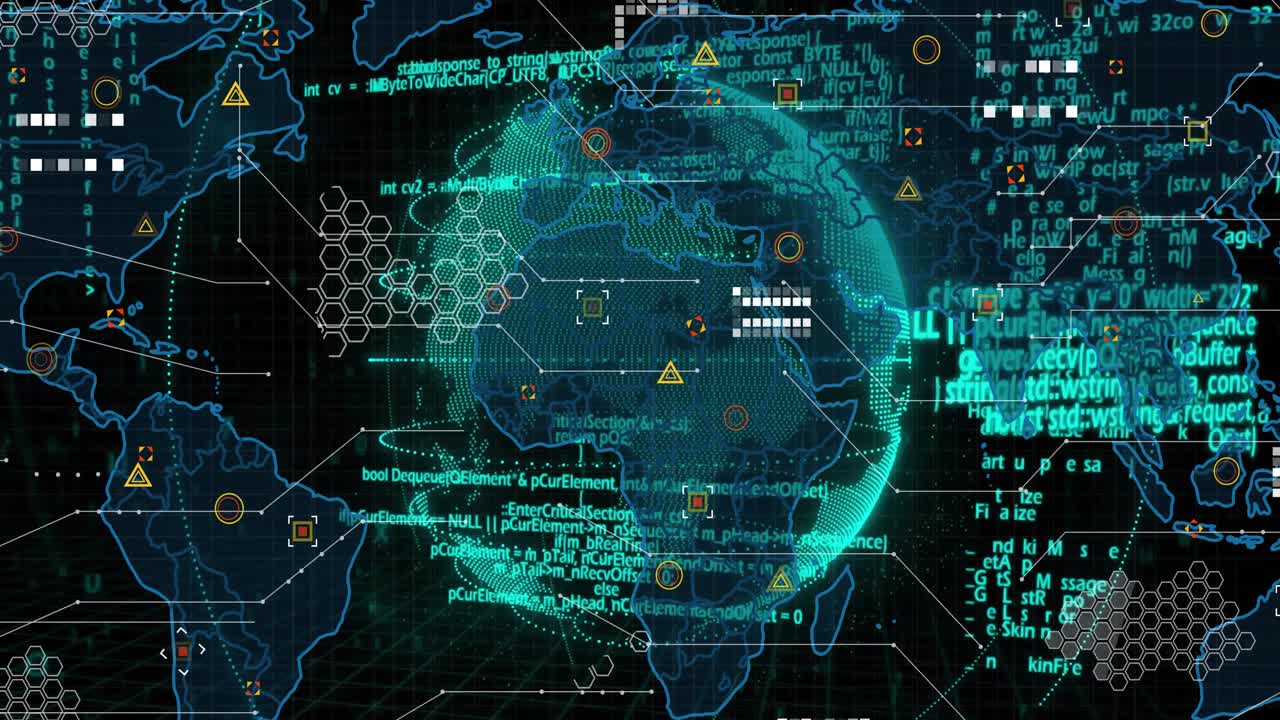 Wireframe globe appearing, rotating with code streams and data nodes forming, showing cyber network