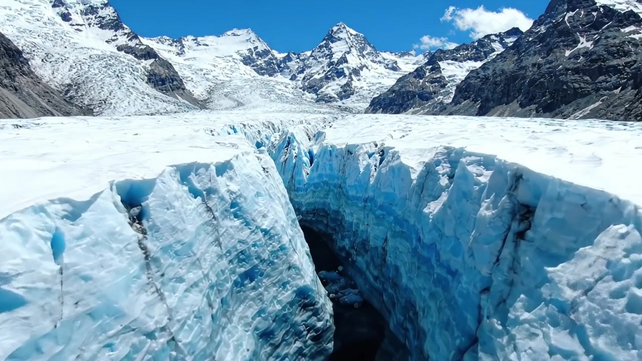 Paesaggio glaciale mozzafiato: viste aeree di formazioni di ghiaccio crepato che rivelano profonde cavità blu circondate da maestose cime innevate e terreno lussureggiante