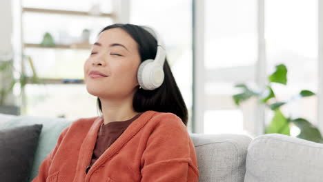 music, audio and woman relax listening to a song