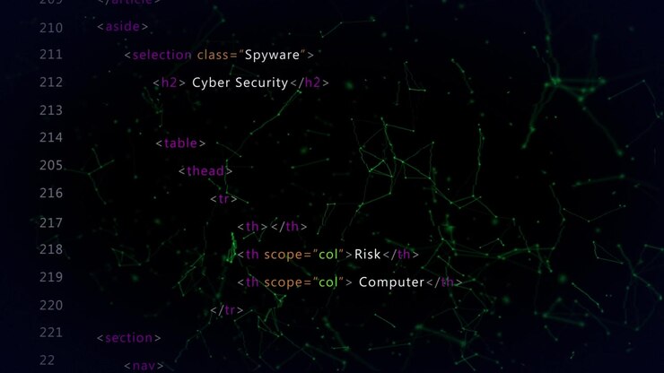 Cyber Security HTML Code Display with Digital Network Background