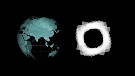 digital animation of globe icon spinning and abstract circular shape against black background