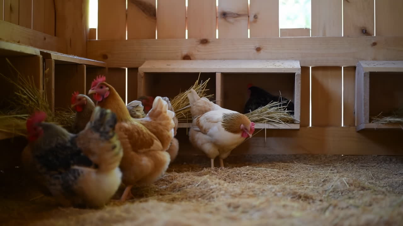 Hens Resting Inside Wooden Coop, Soft Straw Bedding In Nest Boxes, Warm Morning Light Streaming Through Slats,