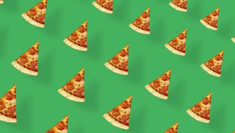 patrón colorido de pizza aislado en fondo verde con sombras. patrón sin costuras con rebanadas de pizza. vista superior. animación realista. movimiento de video 4k