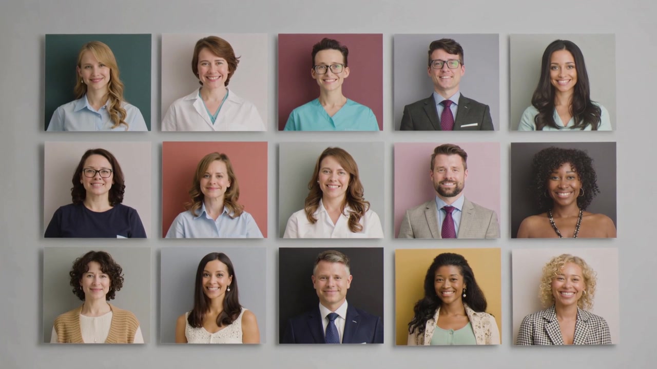 Shot starting, camera holding in lobby, showing 15 portraits with suits or scrubs, presenting team