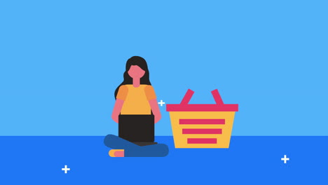 mujer joven con canasta y iconos de comercio electrónico
