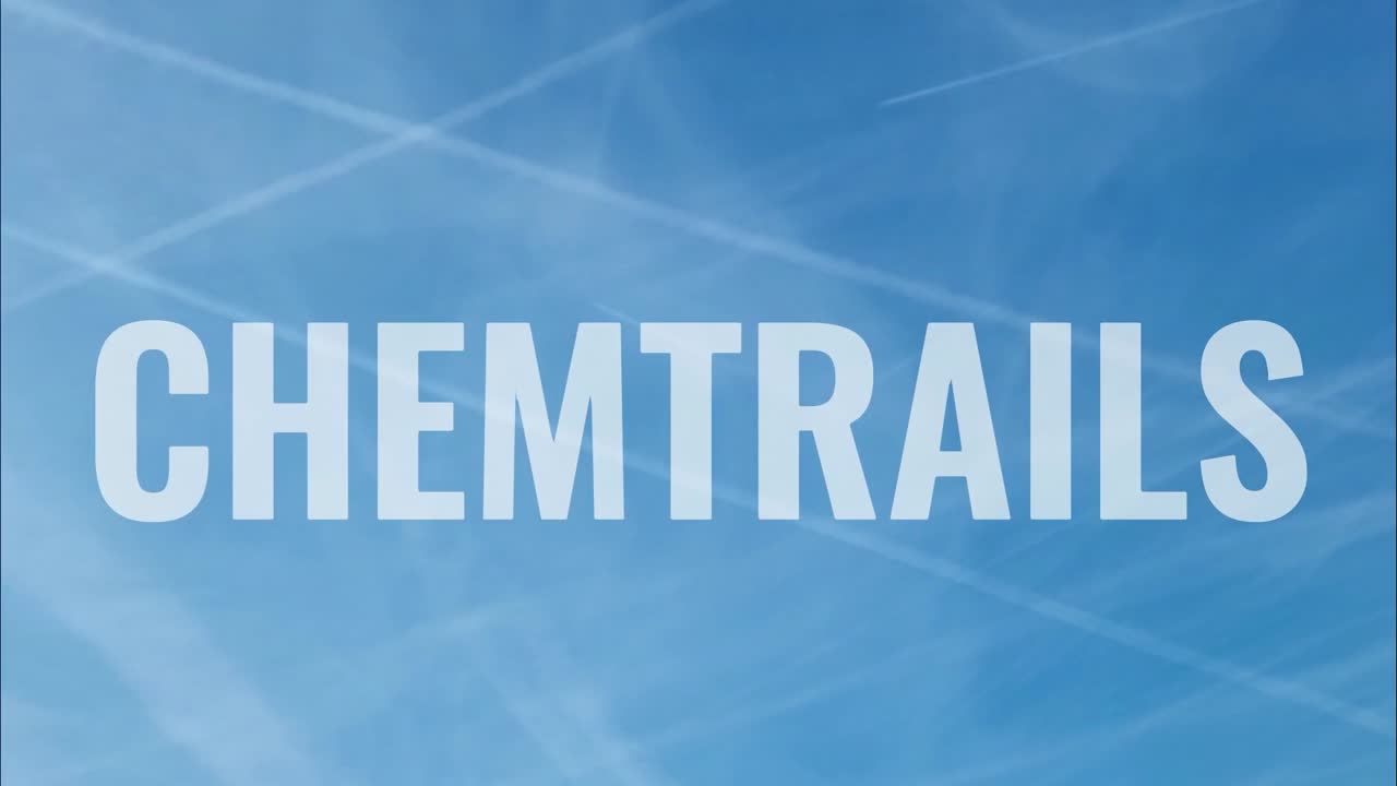Climate change chemtrails text zooming in against sky and striped aircraft emissions trail crossing