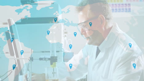 in lab, scientist analyzing global network map with animation and location markers