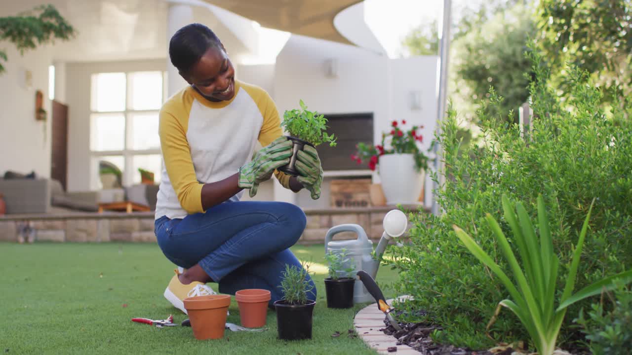feliz mujer afroamericana jardinería sosteniendo planta de maceta en el jardín
