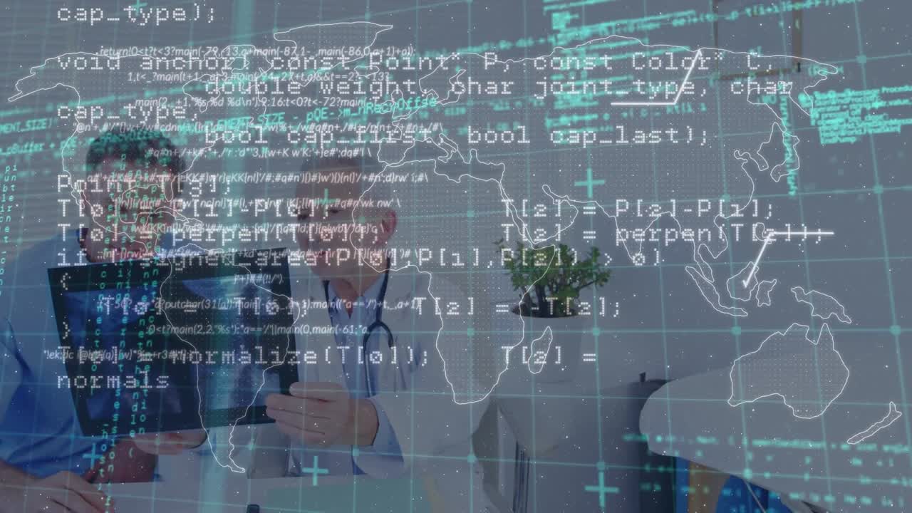 Data processing over caucasian male doctor and male health worker examining x-ray reports