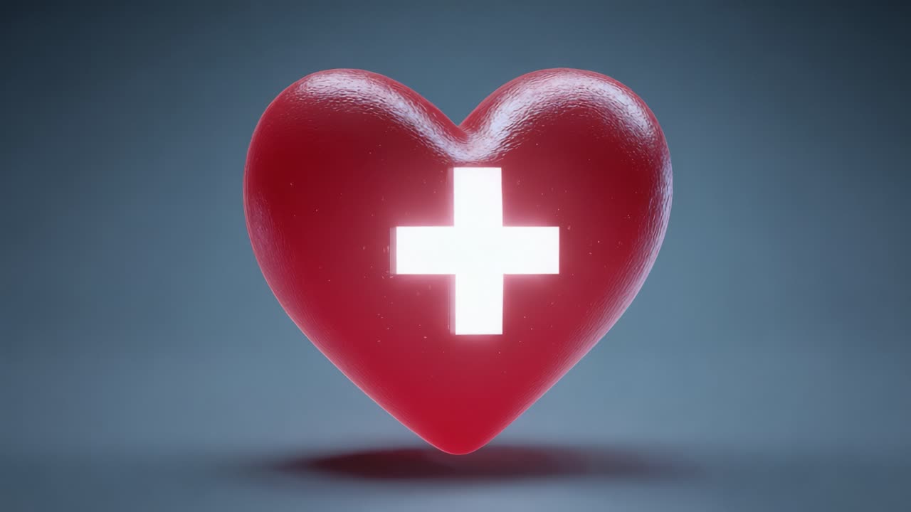 A vibrant and glossy red heart symbol with a glowing white medical cross at its center, representing health, care and the importance of wellness in our lives