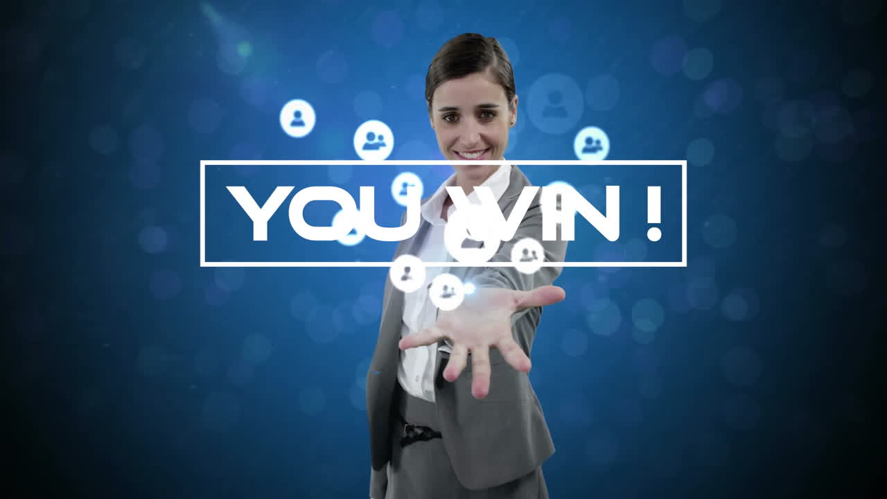 미디어 아이콘의 애니메이션과 백인 사업가 여성이 미소 짓고 당신은 텍스트를 이길 수 있습니다.